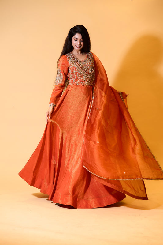Regal Orange Embroidered Anarkali