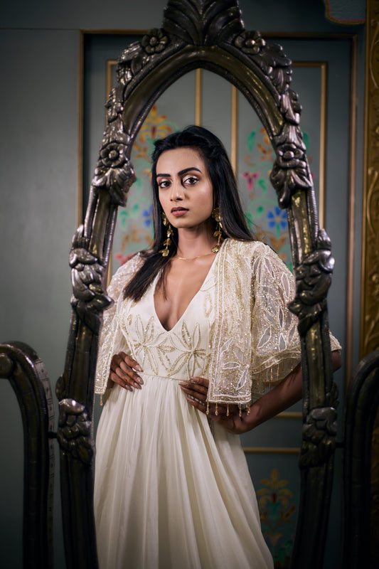Ivory Anarkali with Embroidered Cape