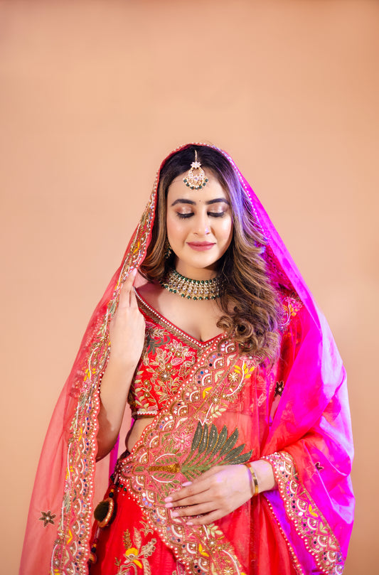 Traditional Forest Inspired Red Lehenga