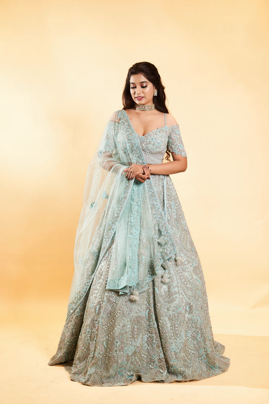 Elegant Pastel Blue Embroidered Off-Shoulder Lehenga