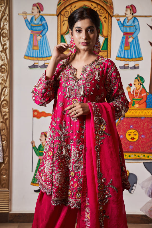 Vibrant Pink Embroidered Sharara Suit with Floral Detailing