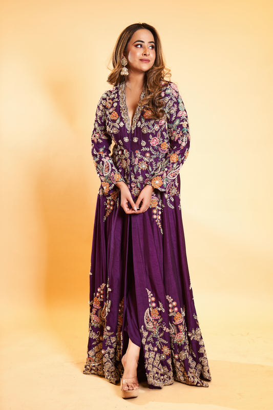 Deep Purple Embroidered Anarkali