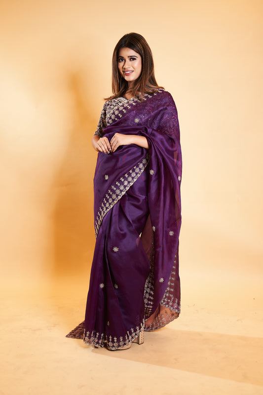 Zardosi purple silk saree