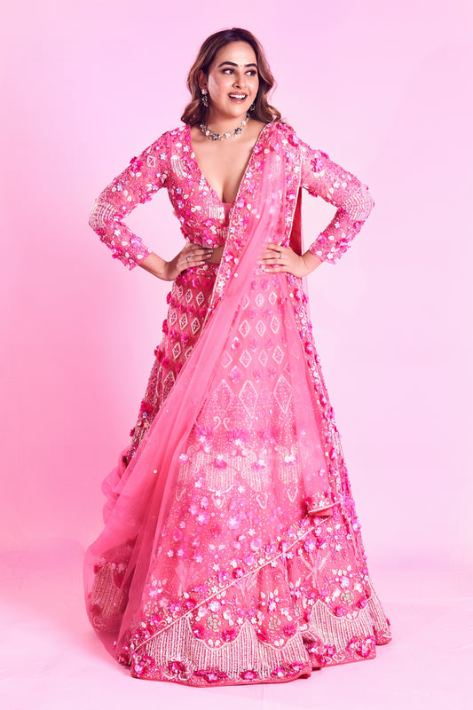 3d pink flower lehenga