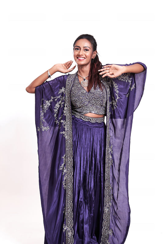 Embellished Purple Co-ord Set with Flowing Cape