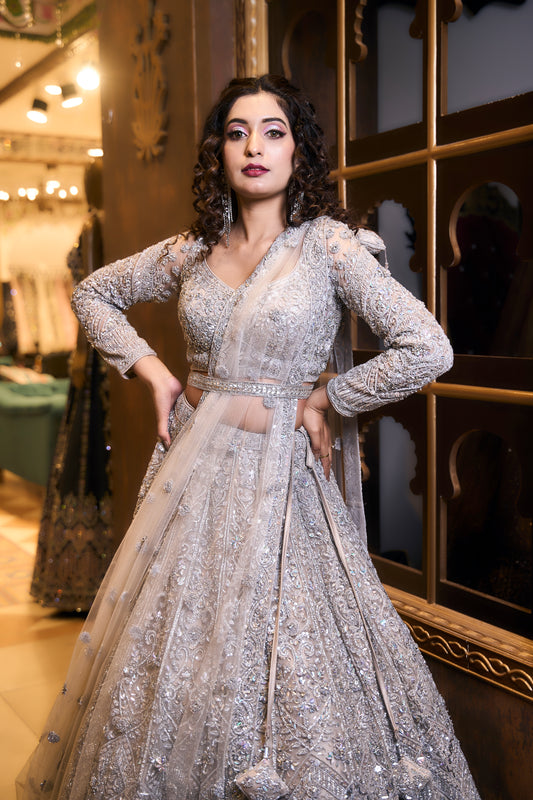 Silver Self Embroidered Lehenga