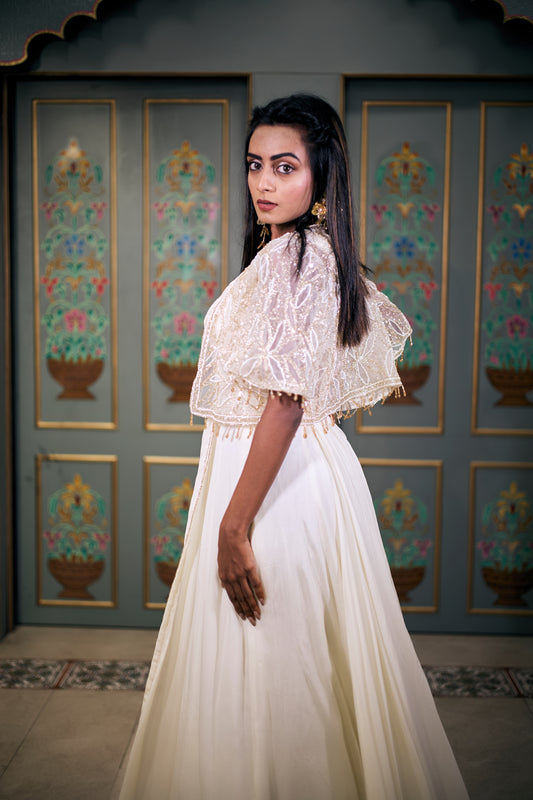 Ivory Anarkali with Embroidered Cape